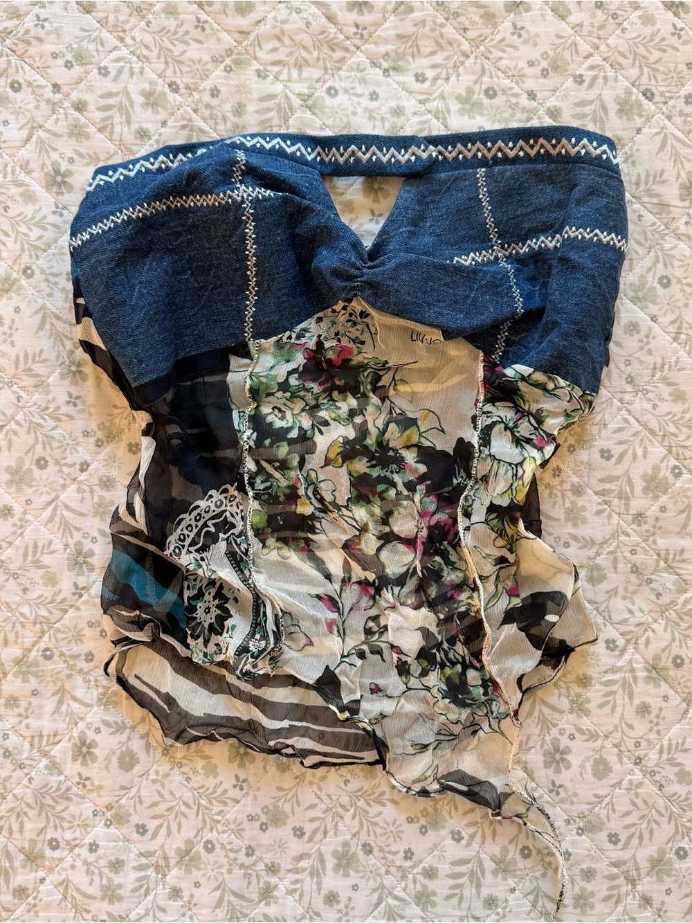 Handmade silk rework multi-colored floral print tube top